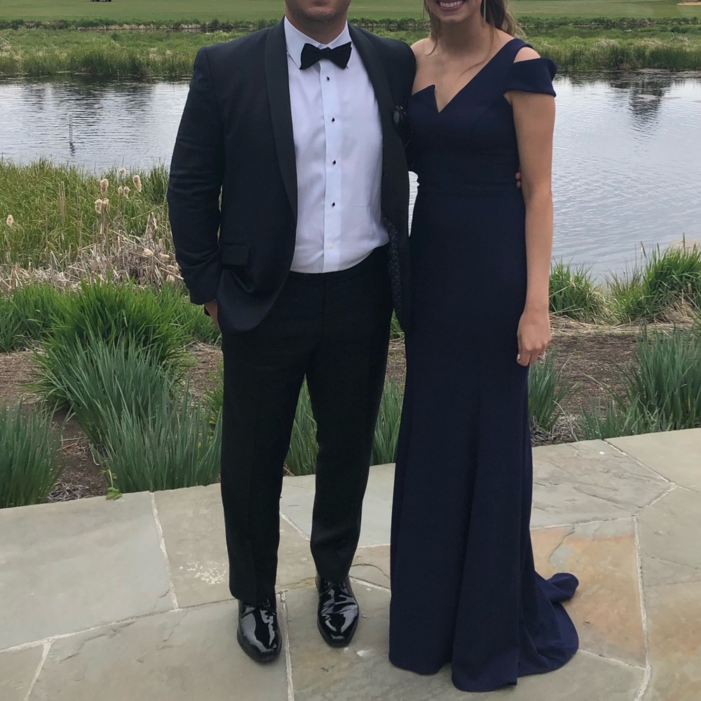 Betsy & Adam one shoulder A line gown in navy